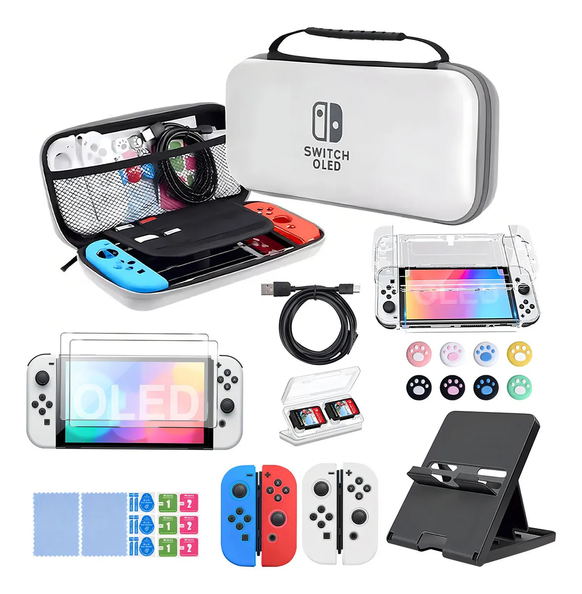 AIYINsmart Estuche Kit De Accesorios Nintendo Switch Oled 30 En 1, 1*funda De Viaje, 2*protector De Pantalla Vidrio, 2*empuñaduras Para Nintendo Switch OLED, 1*carcasa Transparente
