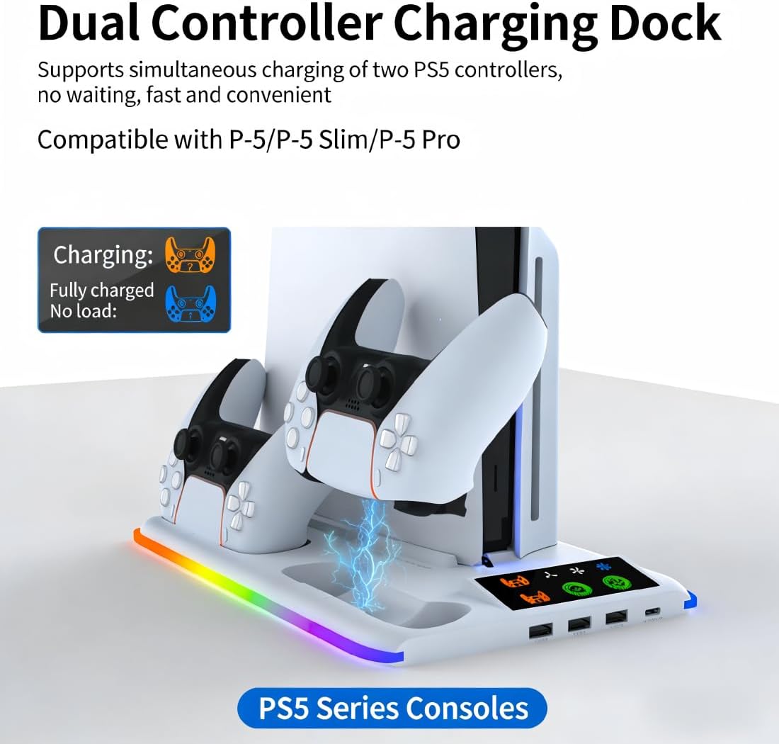 Soporte para PS5/Slim/Pro,Cargador PS5 con 3*USB 1*Type-C, Vertical Ventiladores de Refrigeración y Estación de Carga de Dual Dontrolador,Soporte con Iluminación LED para Consola PS5/Slim/Pro