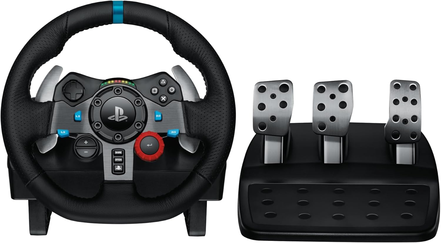 Logitech G29 Driving Force Volante de Carreras y Pedales, Force Feedback, Aluminio Anodizado, Palancas de cambio, Volante de Cuero, Pedales Ajustables, PS5, PS4, PS3 y PC - Negro