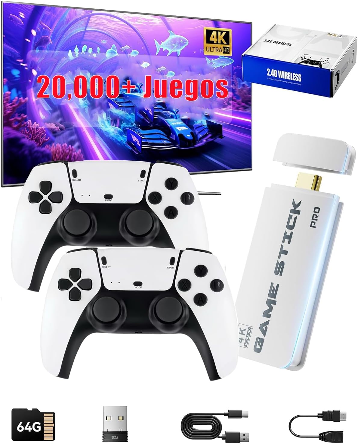 Consola de Videojuegos Retro Game Stick Portátil, M15 64GB 20,000+ Juegos Preinstalados, HDMI Plug & Play 4K para TV, 2 Controles