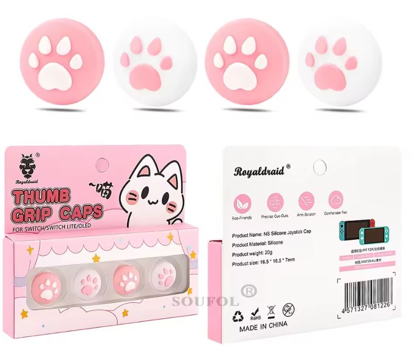 Thumb Grips - Huellas de Gato Rosa con Blanco - Nintendo Switch